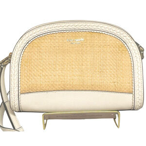 Kate Spade Reiley Straw Dome Crossbody Tan White Leather Trim Zip Purse 7"Hx9"W